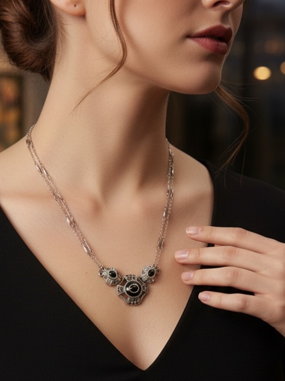 Vintage Monet Silver Tone Black Cabochon Marcasite Style Necklace